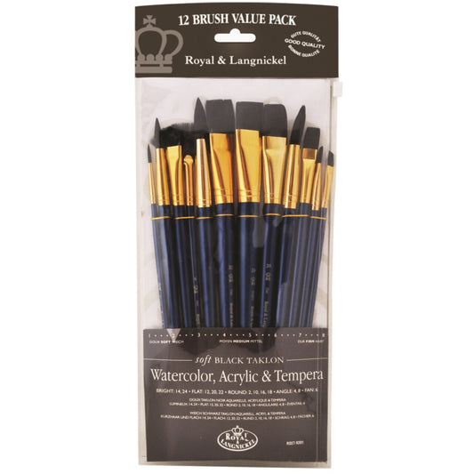 Royal Brush - Paint Brushes, VALUPAK 12PC BLK TKLN FLAT S/H