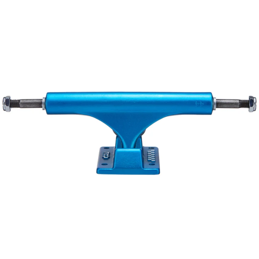 Blue metal skateboard truck on a white background