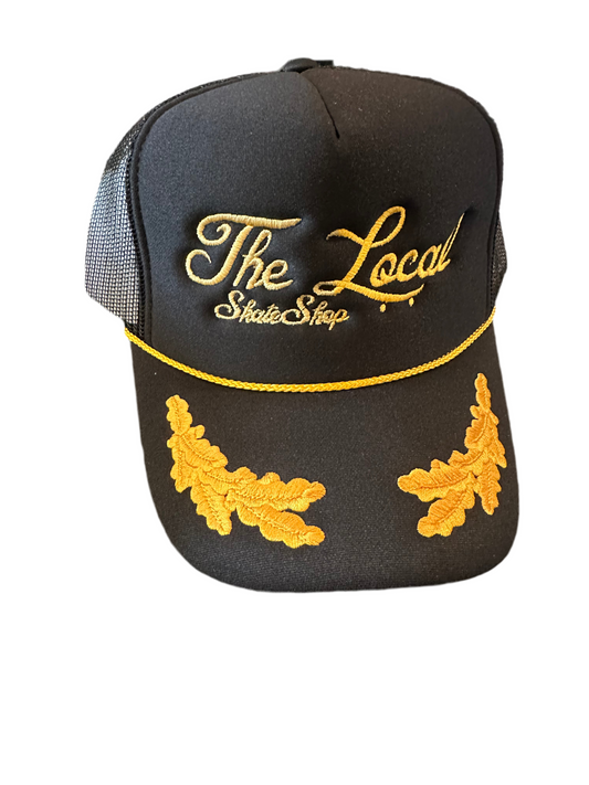 The Local - Hat, Classic Script Trucker. Black Captain