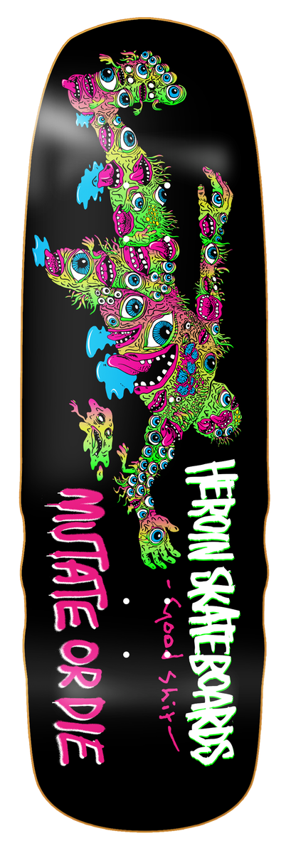 Colorful skateboard deck with a dragon design on a black background, featuring the brand 'Heroin Skateboards'.