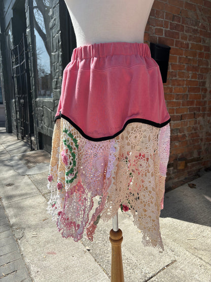 SHORT PINK SKIRT W/ VINTAGE PINK DOILIES