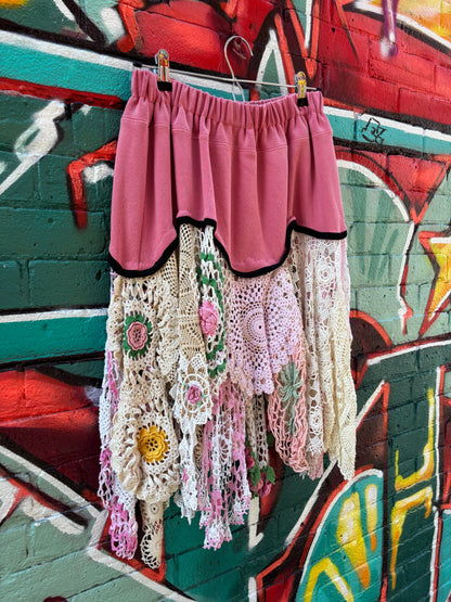 SHORT PINK SKIRT W/ VINTAGE PINK DOILIES