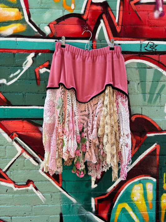 SHORT PINK SKIRT W/ VINTAGE PINK DOILIES