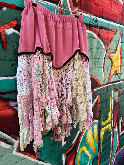 SHORT PINK SKIRT W/ VINTAGE PINK DOILIES