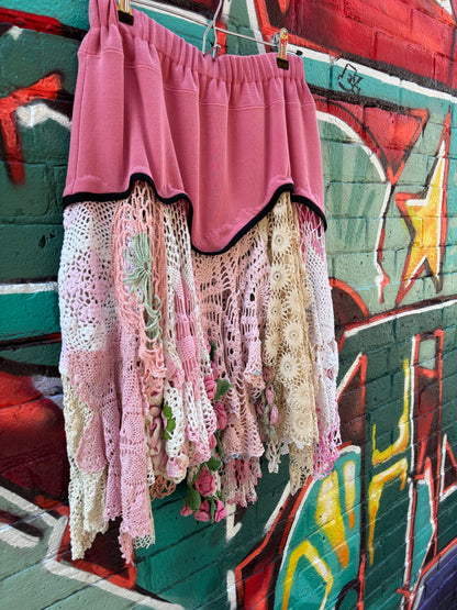 SHORT PINK SKIRT W/ VINTAGE PINK DOILIES