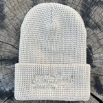 The Local - Beanie, Classic Script. Waffle Knit. Beige