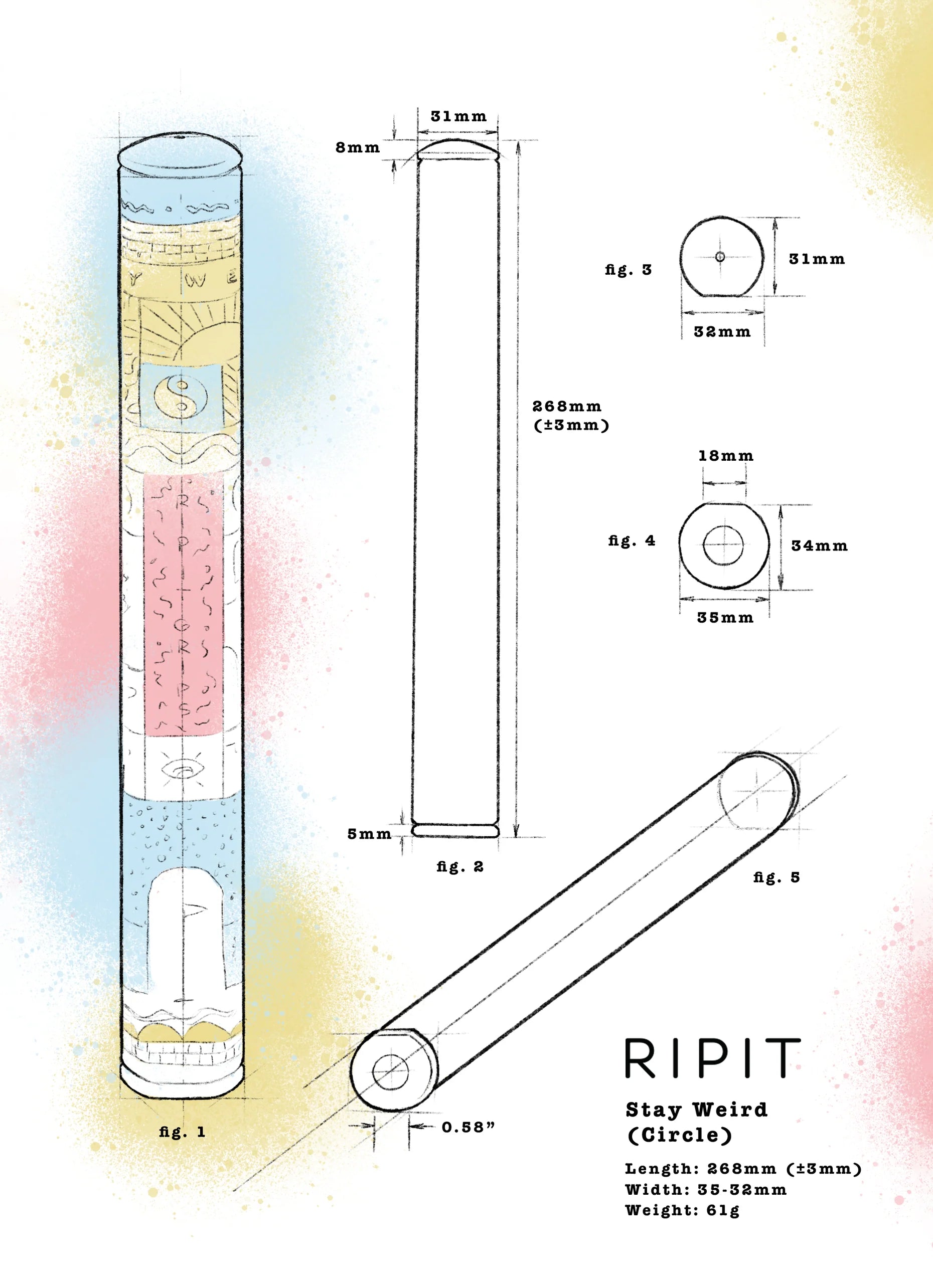 A technical product diagram of the RIPIT Stay Weird (Circle) novelty item, showing multiple labeled views with dimensions, including a full-length cylindrical illustration, cross-sections, and a diagonal perspective view on a white background with soft pastel watercolor splashes.