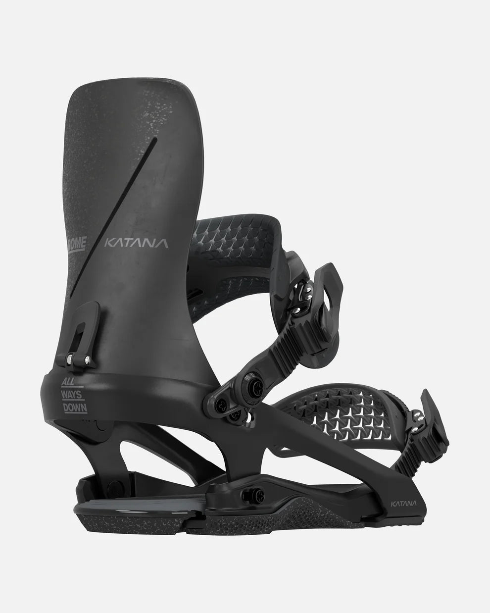 Black Rome snowboard binding with 'Katana' branding on a white background
