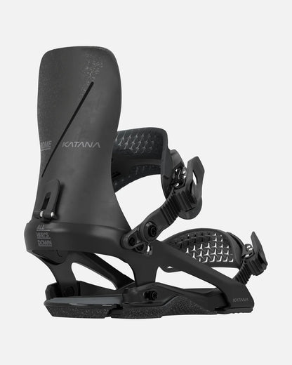 Black Rome snowboard binding with 'Katana' branding on a white background