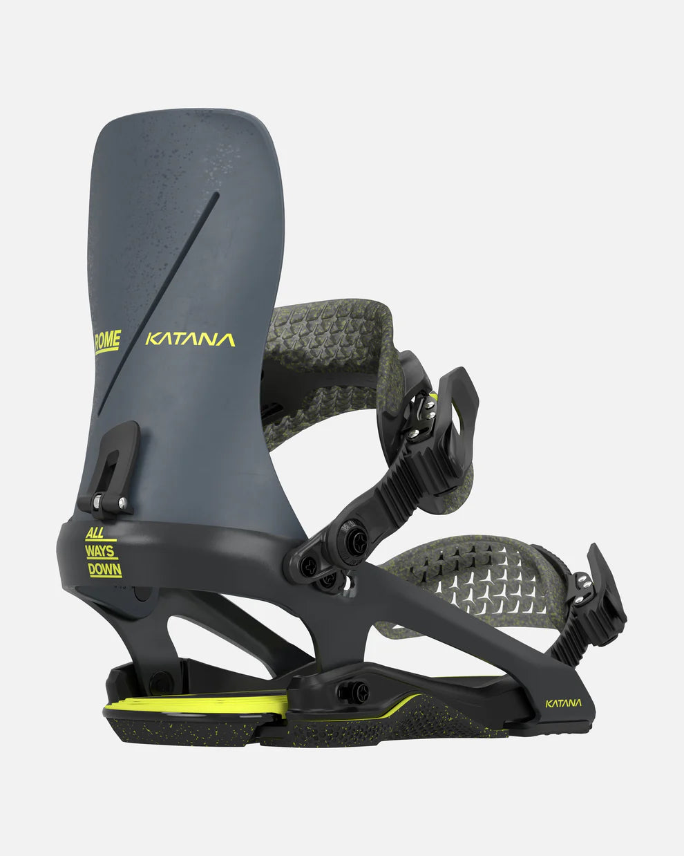 Gray and black Rome snowboard binding Katana with yellow text on a white background