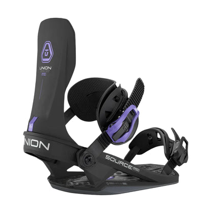 Black and purple snowboard binding with Union logo on a white background