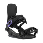 Black snowboard binding with purple buckle on a black background