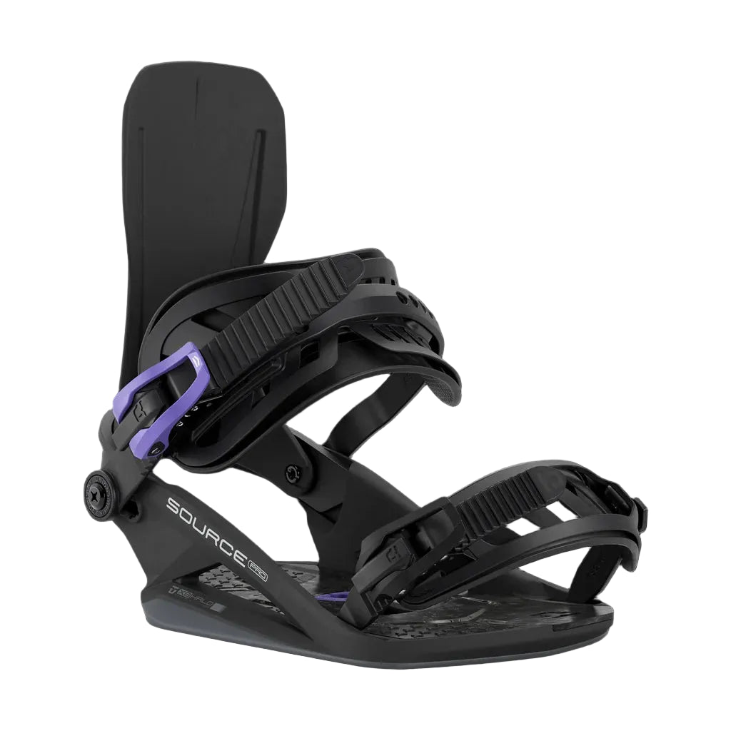 Black snowboard binding with purple buckle on a black background