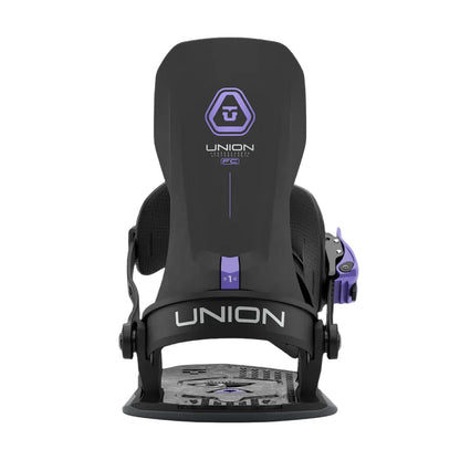 Black and purple Union snowboard binding on a white background