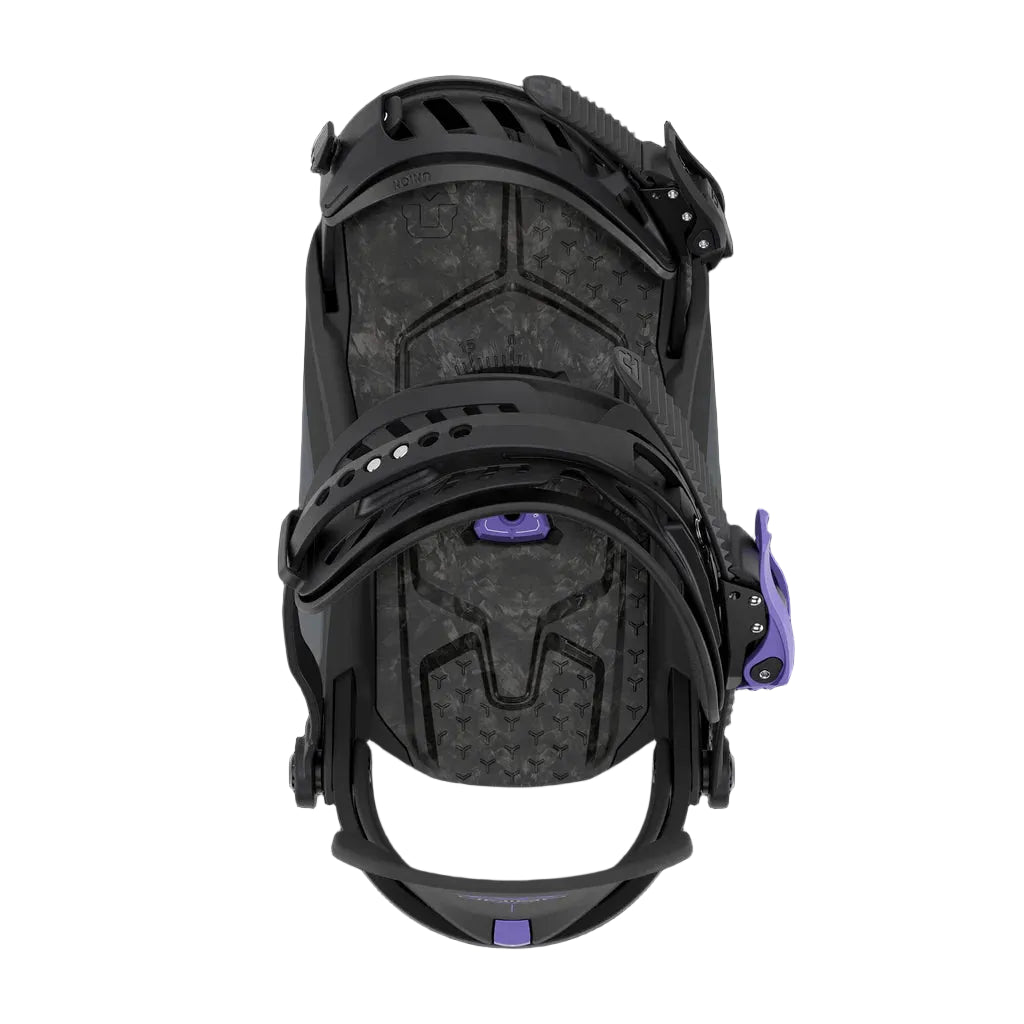 Black snowboard binding with purple accents on a transparent background