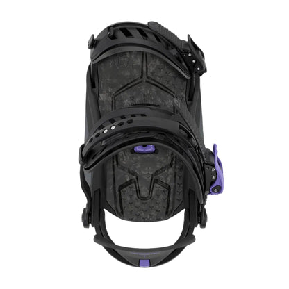 Black snowboard binding with purple accents on a transparent background