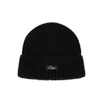 Black beanie with a brand logo on a white background