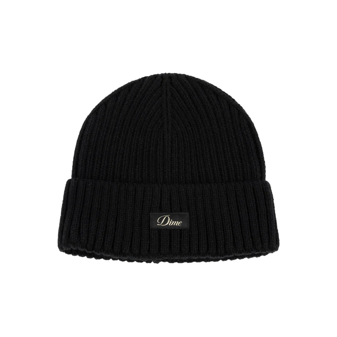 Black beanie with a brand logo on a white background