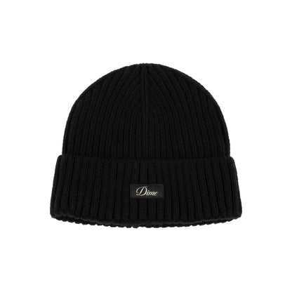 Black beanie with a brand logo on a white background
