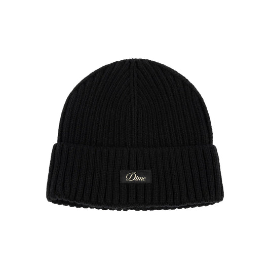 Black beanie with a brand logo on a white background